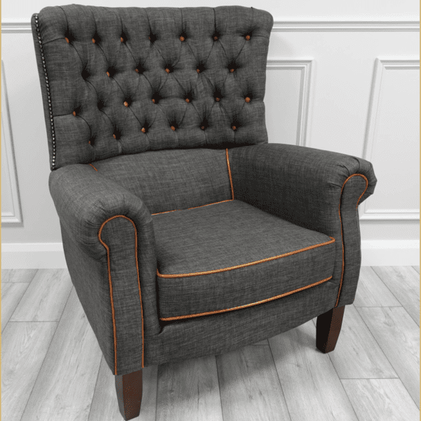 Paul Chair with Grey Fabric with Brown Pu Piping